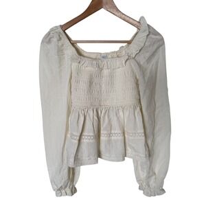 Tinsel Town Cream Smocked Peplum Top Square Neck Ruffle Long Sleeve M